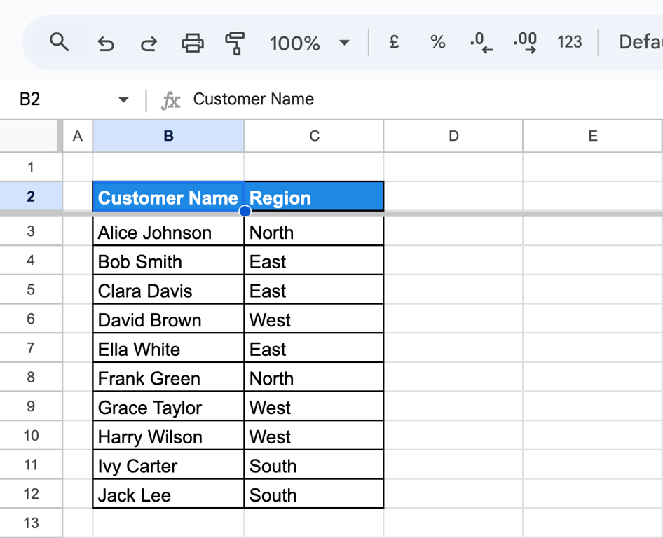 Google Sheets with customer names in column B sorted from Alice Johnson to Jack Lee and each region still next to its customer
