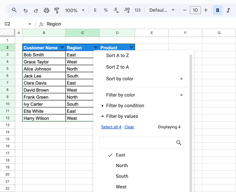 Google Sheets with the filter menu of the Region column open: Sort A to Z, Sort Z to A, Sort by color, Filter by color, Filter by condition and Filter by values with East ticked