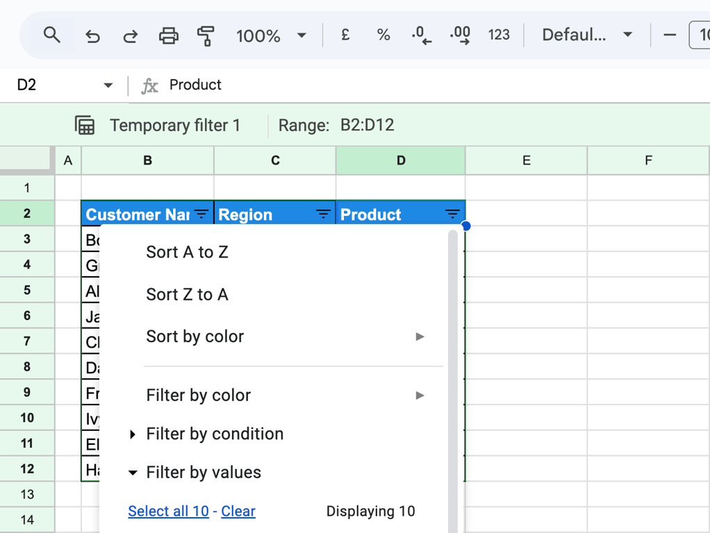 Google Sheets with a temporary filter view on B2:D12 and the menu of the Product column open on Sort A to Z