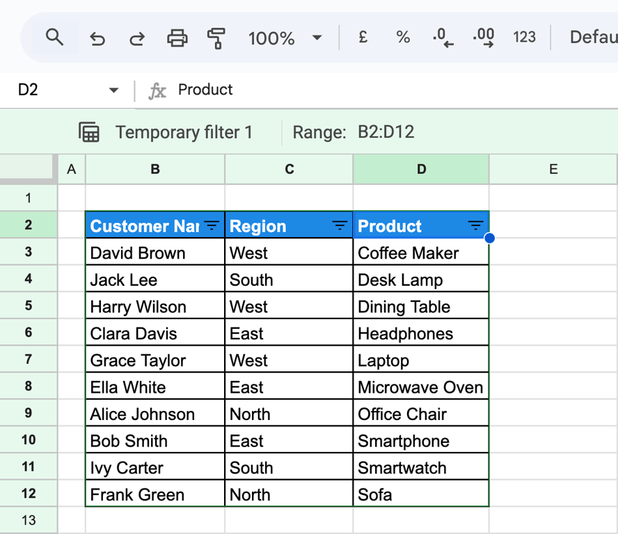 Google Sheets with the filter view sorted by Product from Coffee Maker to Sofa