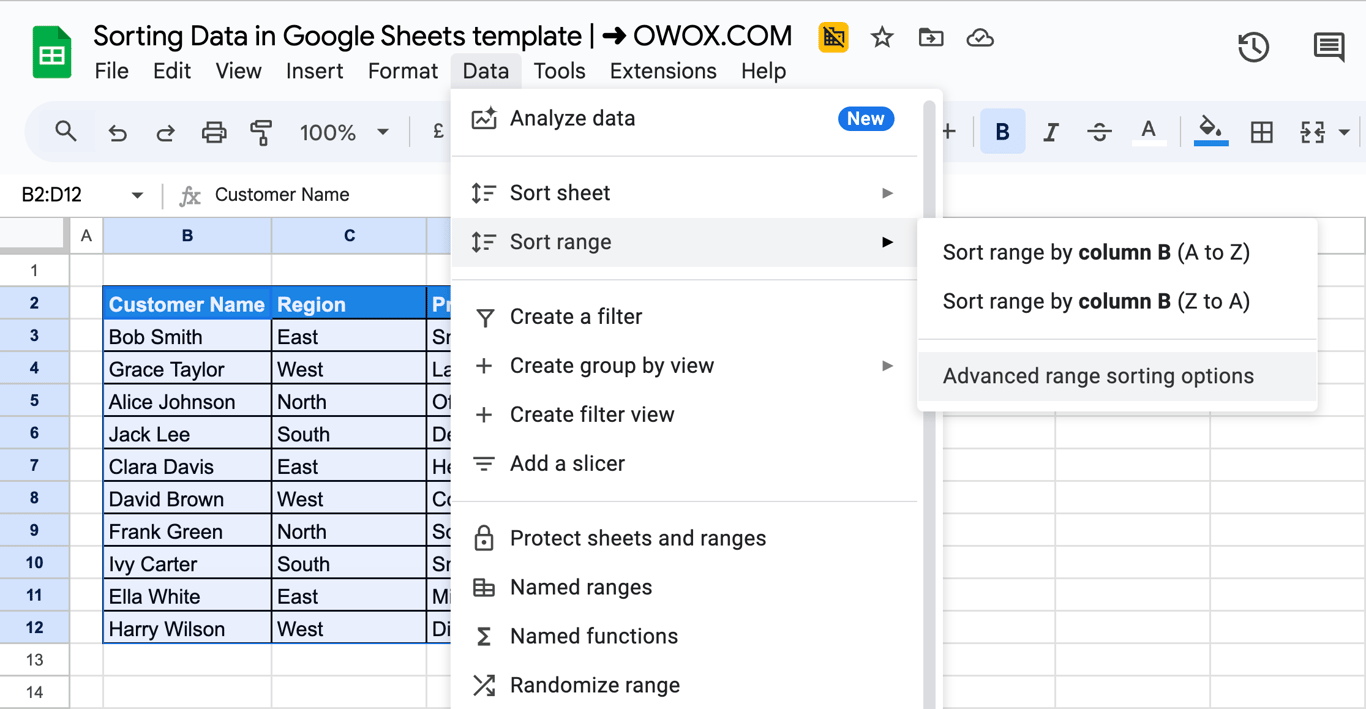 Google Sheets with the Data menu open on Sort range, offering Sort range by column B (A to Z), (Z to A) and Advanced range sorting options
