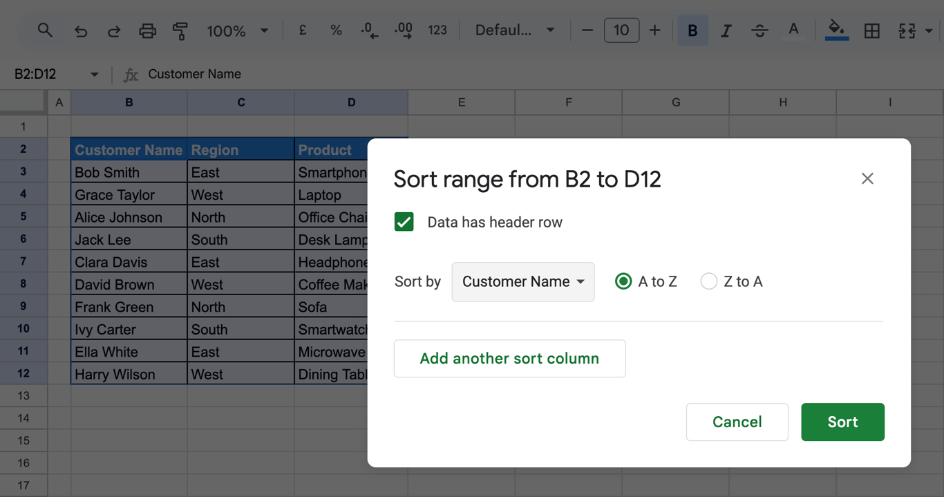 The Sort range dialog of Google Sheets for B2 to D12 with Data has header row ticked, Sort by set to Customer Name and A to Z selected