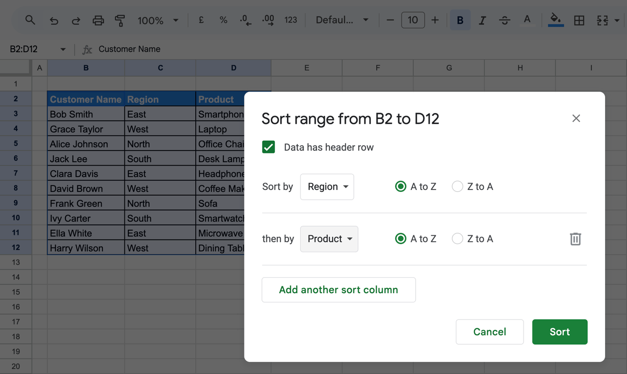 The Sort range dialog with two levels: Sort by Region A to Z, then by Product A to Z, and the Add another sort column button