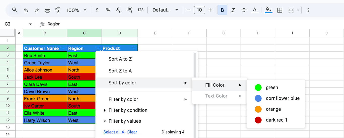 Google Sheets with rows filled in four colors and the filter menu open on Sort by color, Fill color, listing green, cornflower blue, orange and dark red 1