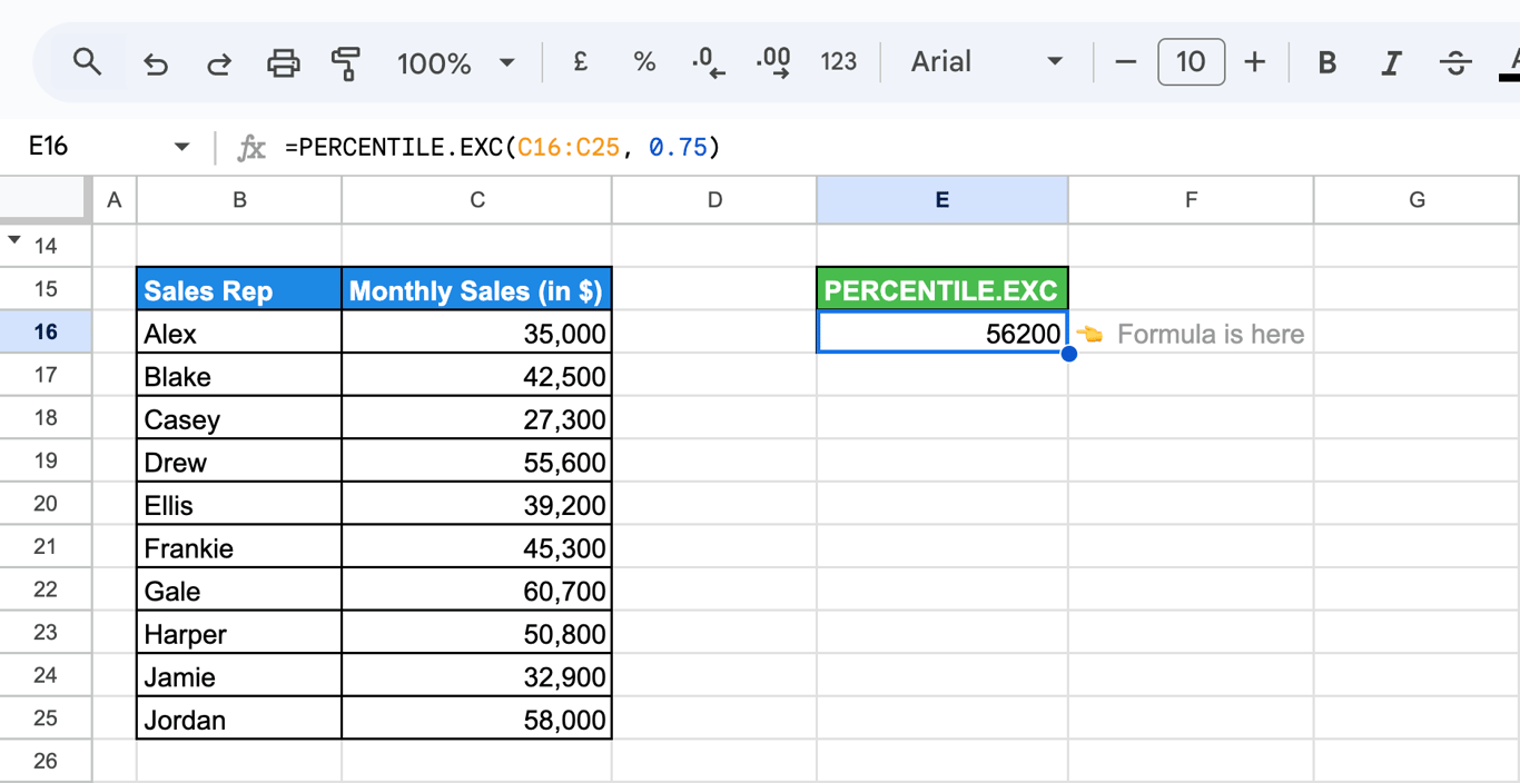 Google Sheets with the formula =PERCENTILE.EXC(C16:C25, 0.75) returning 56200 for the same ten figures