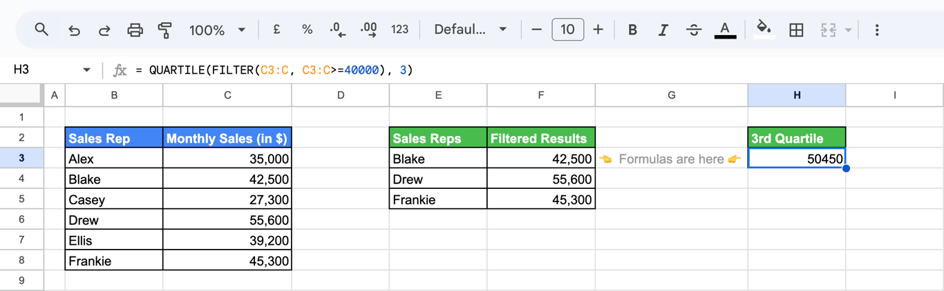 Google Sheets with a sales table, the rows of 40,000 and more listed by FILTER, and the formula =QUARTILE(FILTER(C3:C, C3:C>=40000), 3) returning 50450