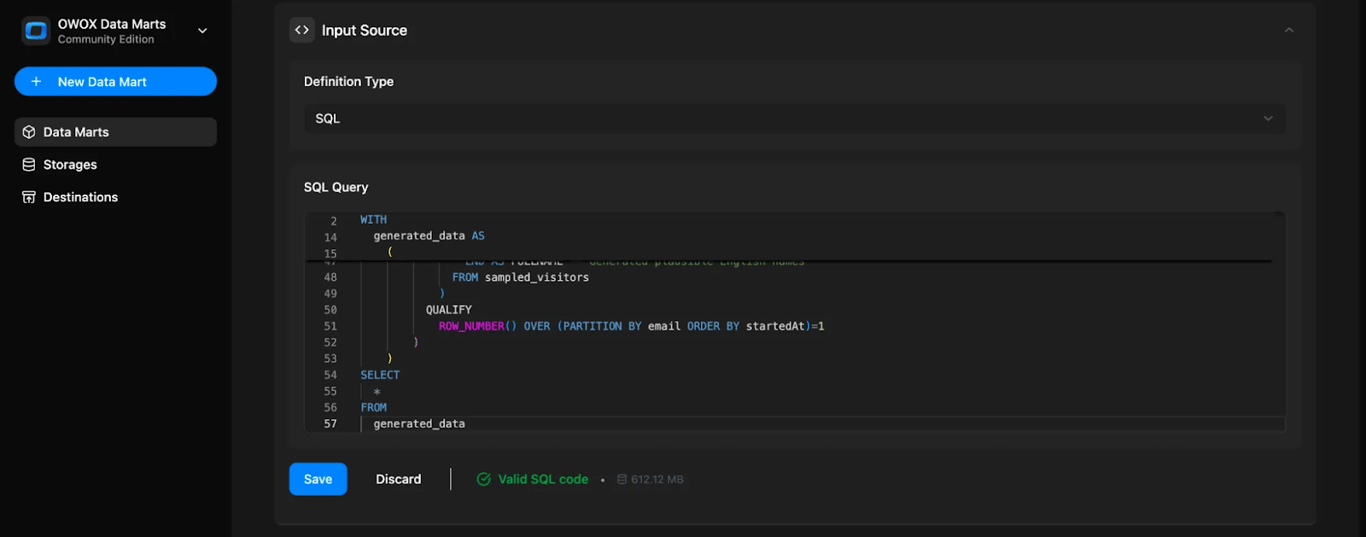 OWOX Data Marts interface showing SQL-based Data Mart creation with a valid SQL query and a successful validation message.