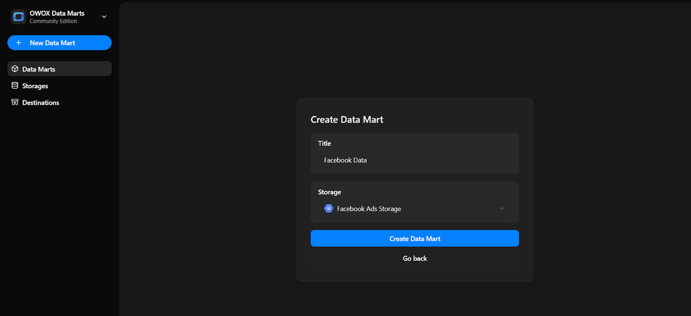 Create Data Mart screen with title set to “Facebook Data” and storage selected as “Facebook Ads Storage”.