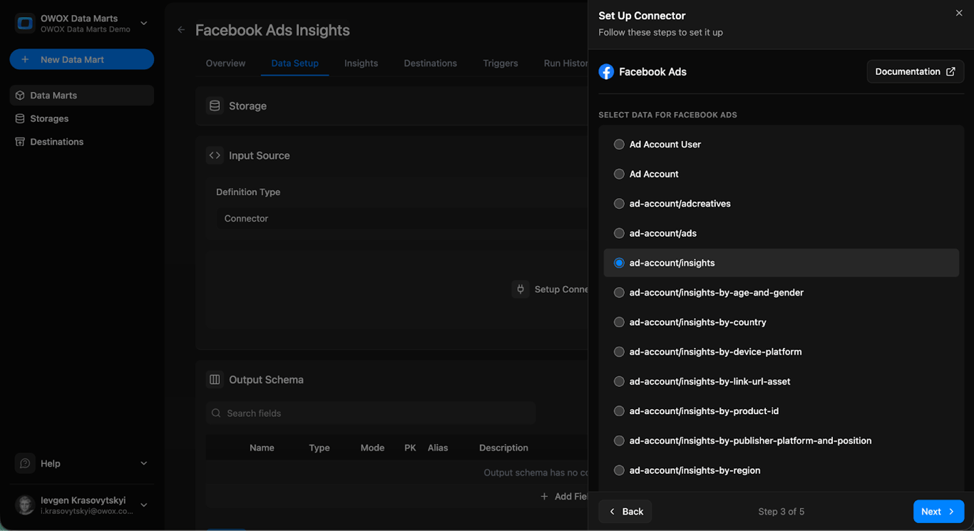 The Set Up Connector step in OWOX Data Marts for Facebook Ads Insights, listing the ad account endpoints to choose from.