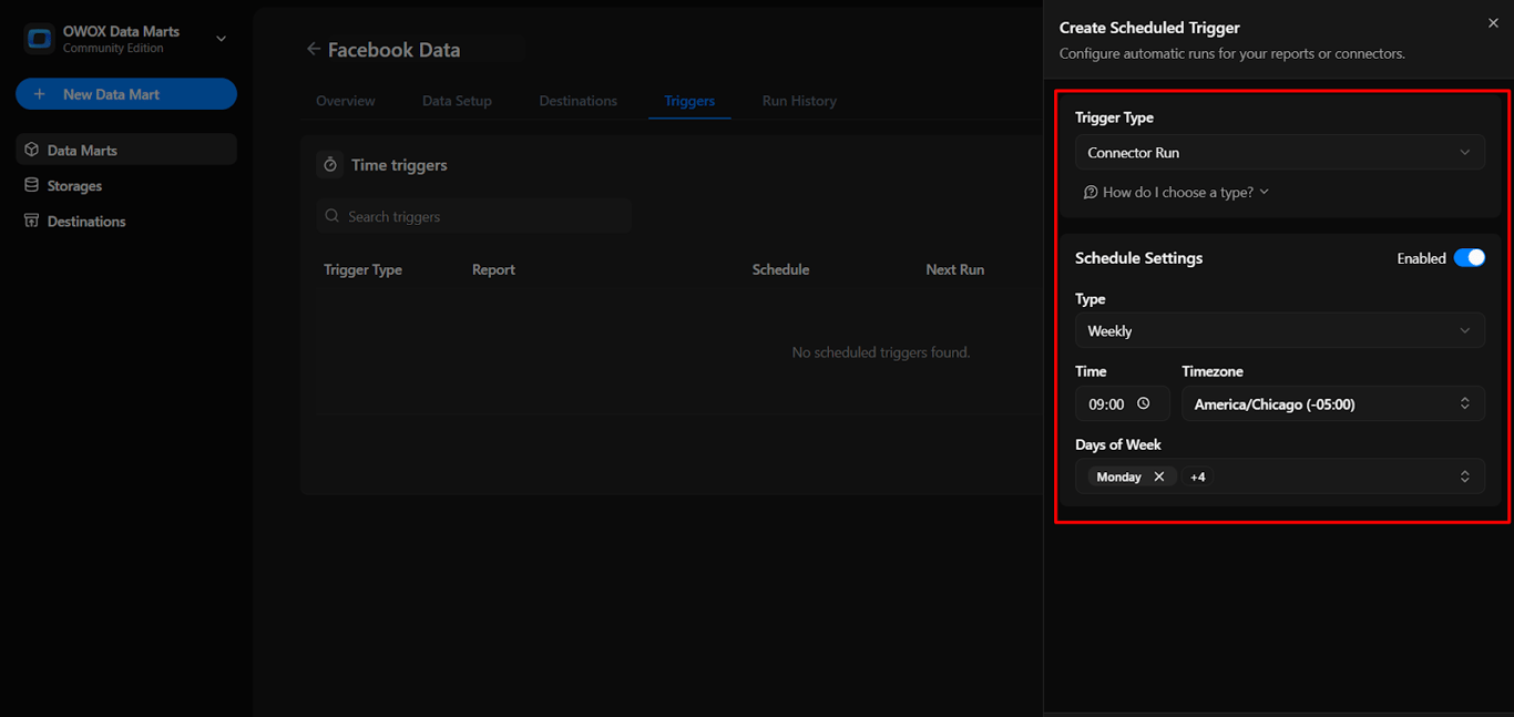 Scheduled trigger setup screen in OWOX Data Marts showing trigger type and scheduling options for automating data runs.