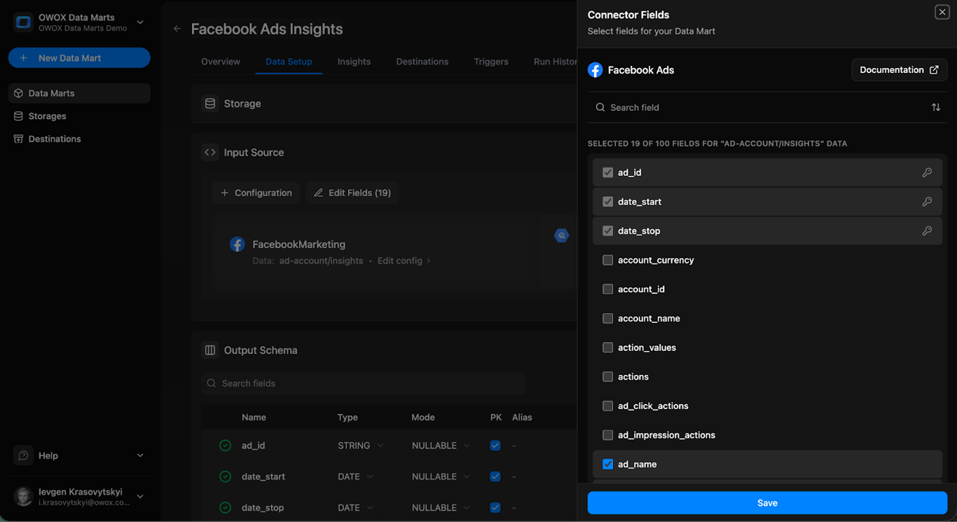 List of available fields from Facebook Ads API to include in the connector.