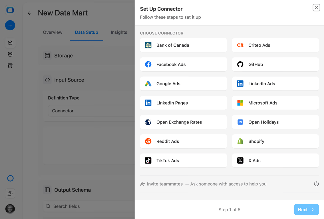The Set Up Connector dialog in OWOX Data Marts at step 1 of 5, listing the connectors available to choose from.