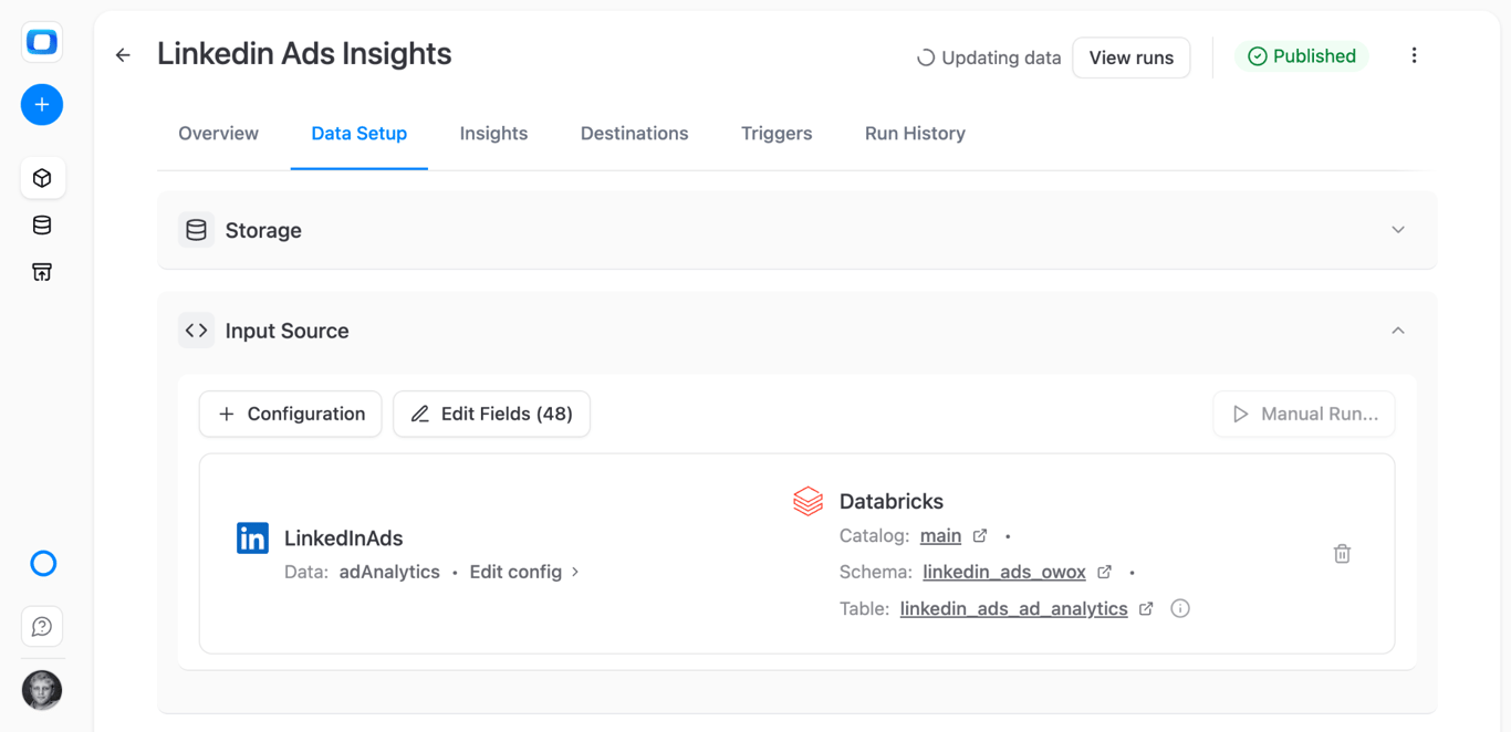 Data Setup tab of a published LinkedIn Ads connector Data Mart in OWOX Data Marts, showing the LinkedInAds source with the adAnalytics endpoint and the Databricks catalog, schema and table it writes to – the data is in your workspace