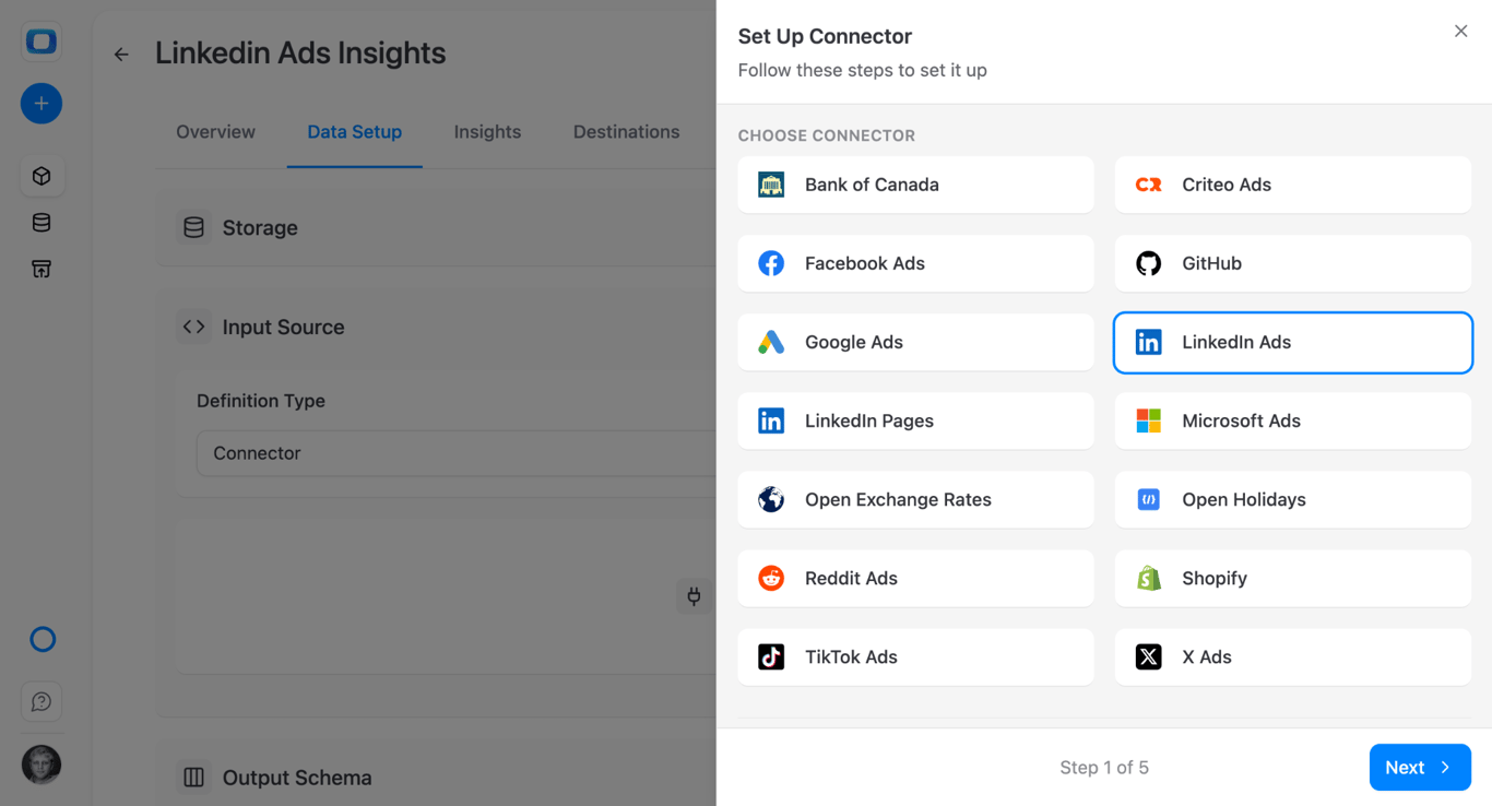 Set Up Connector dialog in OWOX Data Marts, step 1 of 5, with LinkedIn Ads selected in a list that also shows Facebook Ads, Google Ads, LinkedIn Pages, Microsoft Ads, Reddit Ads, Shopify and TikTok Ads – every source is set up through the same five screens