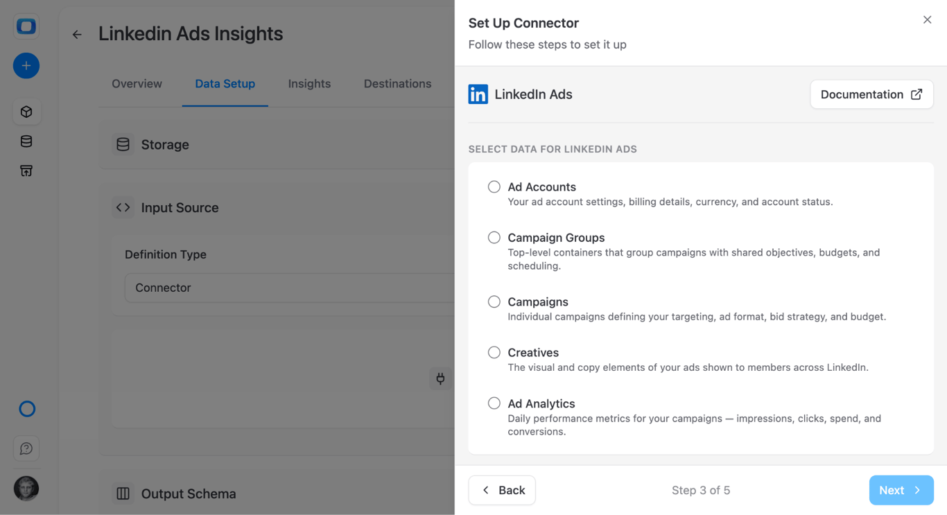 Set Up Connector dialog in OWOX Data Marts, step 3 of 5, listing LinkedIn Ads endpoints with a description each: Ad Accounts, Campaign Groups, Campaigns, Creatives and Ad Analytics – performance and campaign settings are separate endpoints