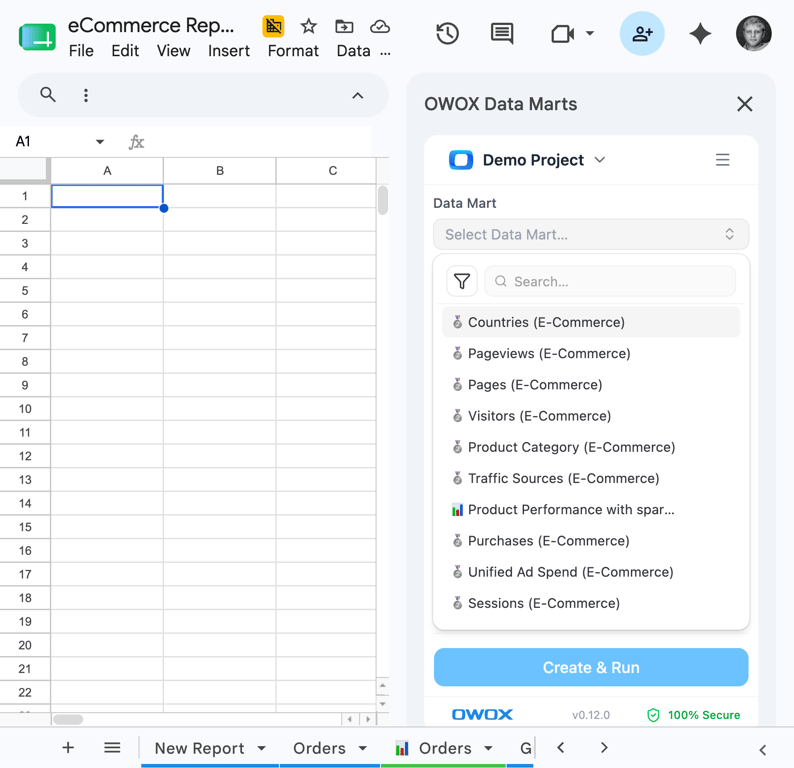 OWOX Data Marts Google Sheets Extension showing business user browsing governed Data Mart library and selecting columns without SQL