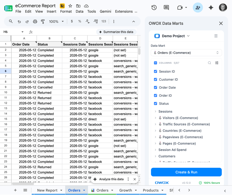 The OWOX Data Marts side panel in Google Sheets on an e-commerce report, with an order table behind it.