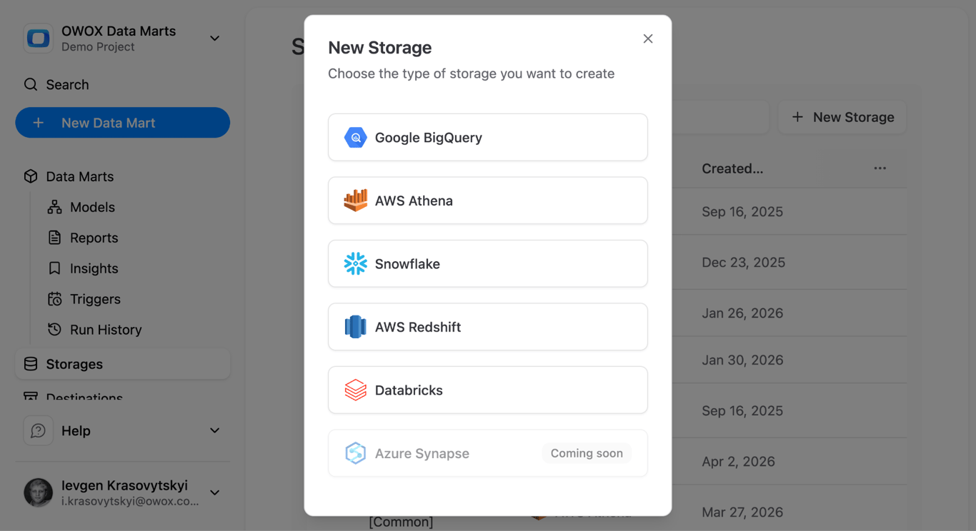 The New Storage dialog in OWOX Data Marts, offering Google BigQuery, AWS Athena, Snowflake, AWS Redshift and Databricks.