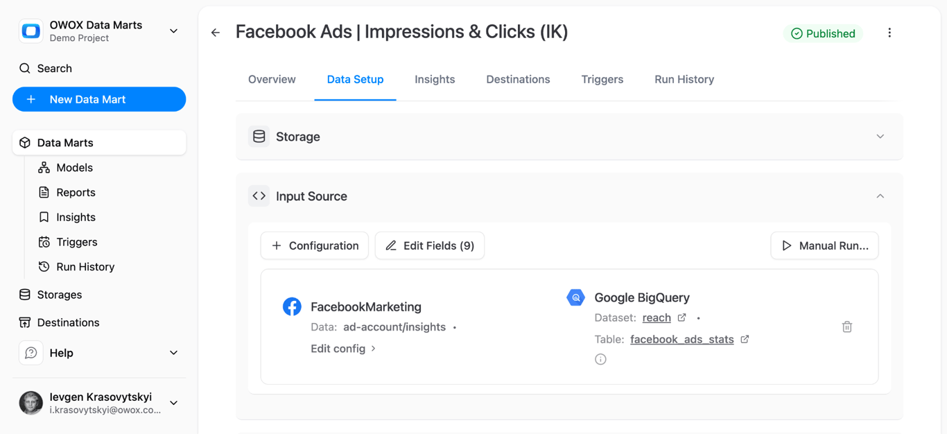 The Data Setup tab of a Facebook Ads Data Mart, with its Facebook source and its BigQuery destination table.